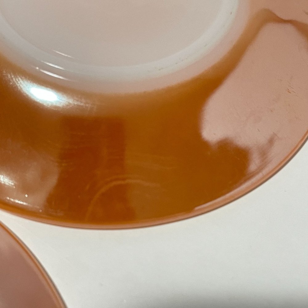 Vintage Fire King Peach Lustre Laurel Leaf Iridescent Cups and Saucers Set of 5 - Picture 14 of 16